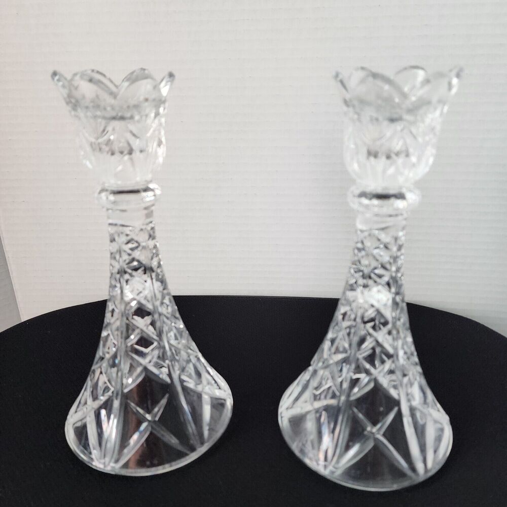 Pressed Glass Crystal Candlestick Holders Tulip Top 8" French Style Set of 2 Vtg
